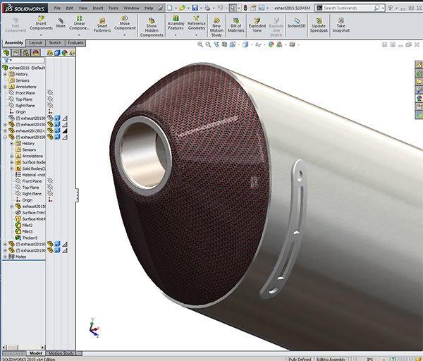 Motorcycle Exhaust created using Solidworks top down design tools