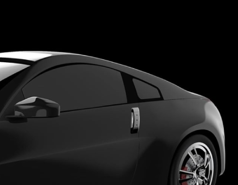 A 3D rendering of a black sportscar